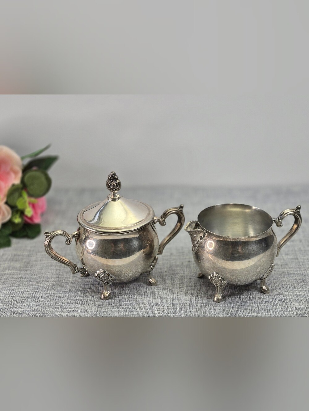 Vintage Leonard Silver Plated Creamer and Sugar Bowl Set Lidded Footed Floral
